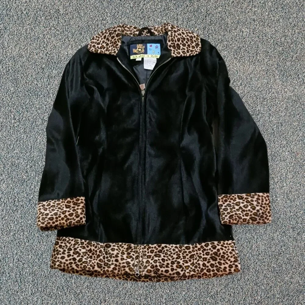 Mudd Women's Black Faux Fur Leopard Print Trim Full Zip Coat Jacket Y2K Small - Picture 4 of 10